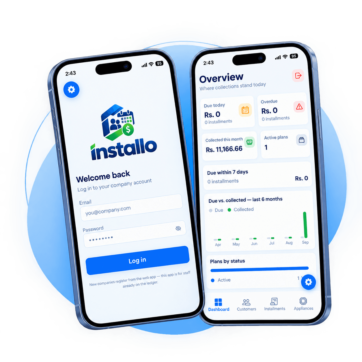 The Installo mobile app's login screen and dashboard overview on two phones